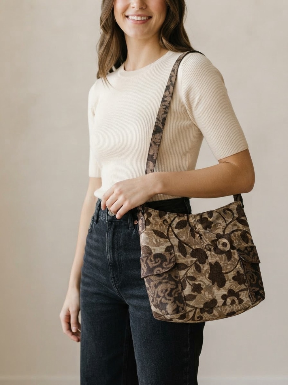 Kedzie Brown Floral Tapestry Shoulder Bag / Hobo Tote